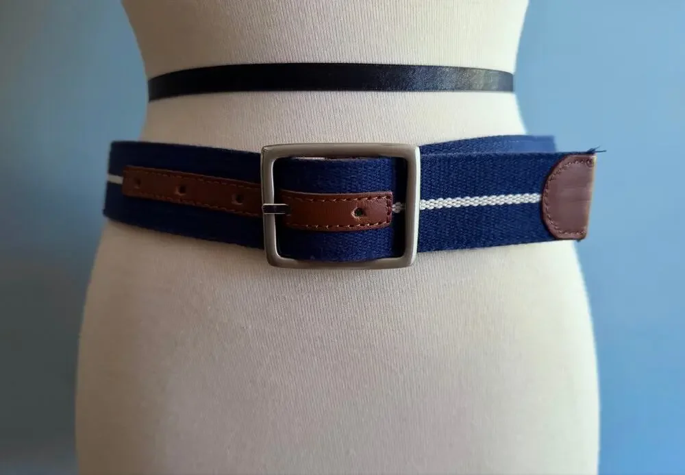 Reversible Blue Striped Cotton Italian Leather Belt Womens sz 30 (runs small)